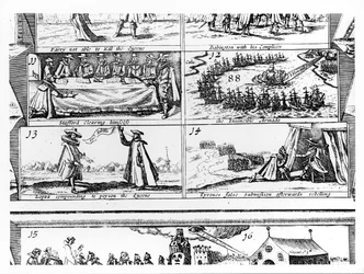 Stafford verteidigt sich, die unbesiegbare Armada, Lopas vergiftet die Königin, Tyrones falsche Unterwerfung nach der Rebellion, graviert von Cornelius Danckerts (ca. 1603-56)